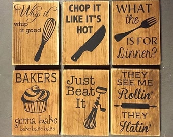 sign bundle (all six), fun kitchen decor, wooden signs, kitchen humor, kitchen decor, housewarming gift, conversation piece, home decor