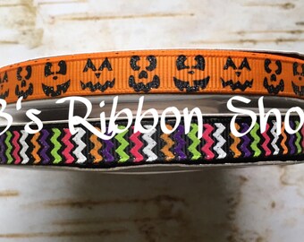 3/8" Halloween Jack O Lantern Faces and Chevron USDR 5 yd bundle grosgrain ribbon