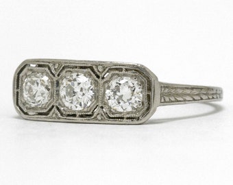 3 Diamond Antique Edwardian Engagement Ring Platinum Old European Half Carat Diamonds Filigree Trinity Design Anniversary Band Low Setting