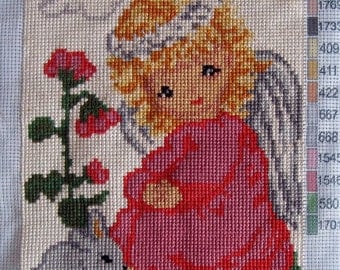 Handmade Tapestry Gobelin Needlepoint Kit , Angel With Bunny, Kids room decor Hand-sewn Tapestry Folk Artwork, Housewarming Wall Decor