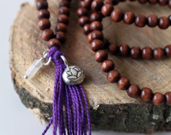 Wooden Bead Necklace - Zodiac Sign Jewelry, Mala Beads, Yoga Necklace, Tassel Necklace, Long Wood Necklace, Celestial Jewelry, Lotus Flower