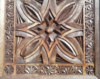 Wood Carving Wall Art Panel Chip Carved by Hand in Tulip Wood and Stained a Deep Brown, Handmade Wood Carving Wall Art,