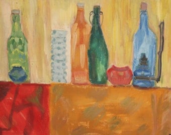 Vintage oil painting expressionist still life with bottles signed