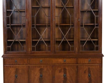 Vintage English Mahogany Wide Bookcase Cabinet