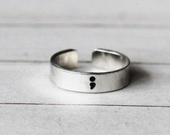Semi Colon Ring, Suicide Awareness Ring, Semicolon Ring, Semi Colon Jewelry, Inspiration Jewelry, Hand stamped Cuff Ring,