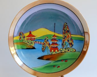 Moriage Lusterware, Japanese Landscape Porcelain Luster Plate, Hand Painted, TWC Made in Japan