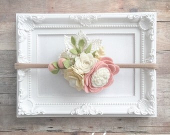 Blush Felt Headband, Lace Headband, Flower Baby Headband, Felt Baby Headband, Felt Nylon Headband, Flower Girl Headband, Rosette Headband