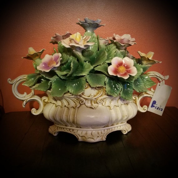 Vintage Porcelain flower basket center piece made in italy