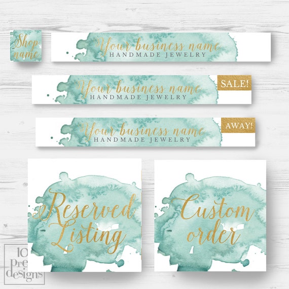 Watercolor Etsy shop design blue and gold Etsy shop set graphic design