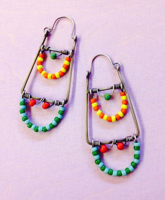 Silver and Bead Earrings Colorful Wire Wrapped by LaurelNathanson