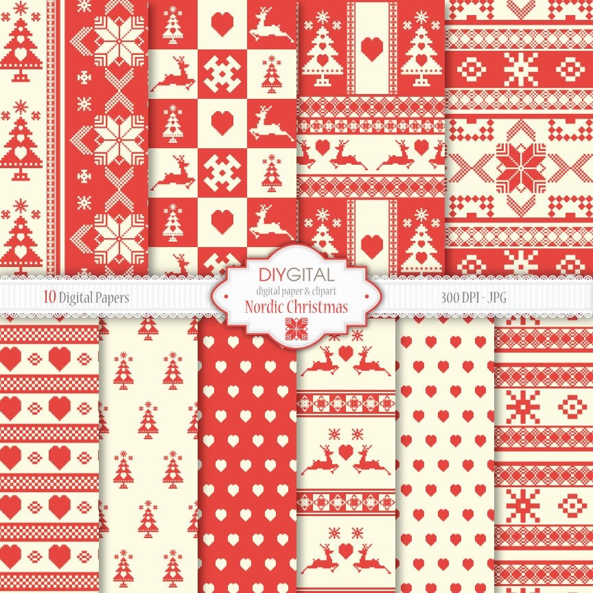 Nordic Christmas Digital Papers Red nordic christmas paper