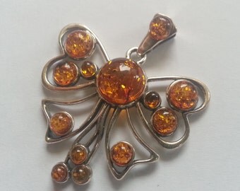 Sterling Silver Baltic Amber Butterfly Pendant Necklace
