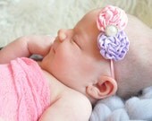 Pink Purple Headband 2 Small Puffs with Pearl Resin Rhinestone Newborn on Clip or Skinny Elastic Newborn - Adult Pink Purple Headband 2 Small Puffs with Pearl Resin Rhinestone Newborn on Clip or Skinny Elastic Newborn - Adult