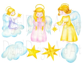 Angel clipart, Watercolor angels illustration, Hand painted digital clipart, watercolor illustration, scrapbook clipart, Planner Supplies