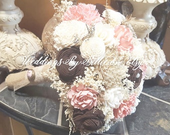 Sola Flower Pink Chocolate Brown Ivory Bouquet, Burlap Lace Ivory Bouquet, Alternative Bouquet,Rustic Shabby, Sola Flowers, Keepsake Bouquet