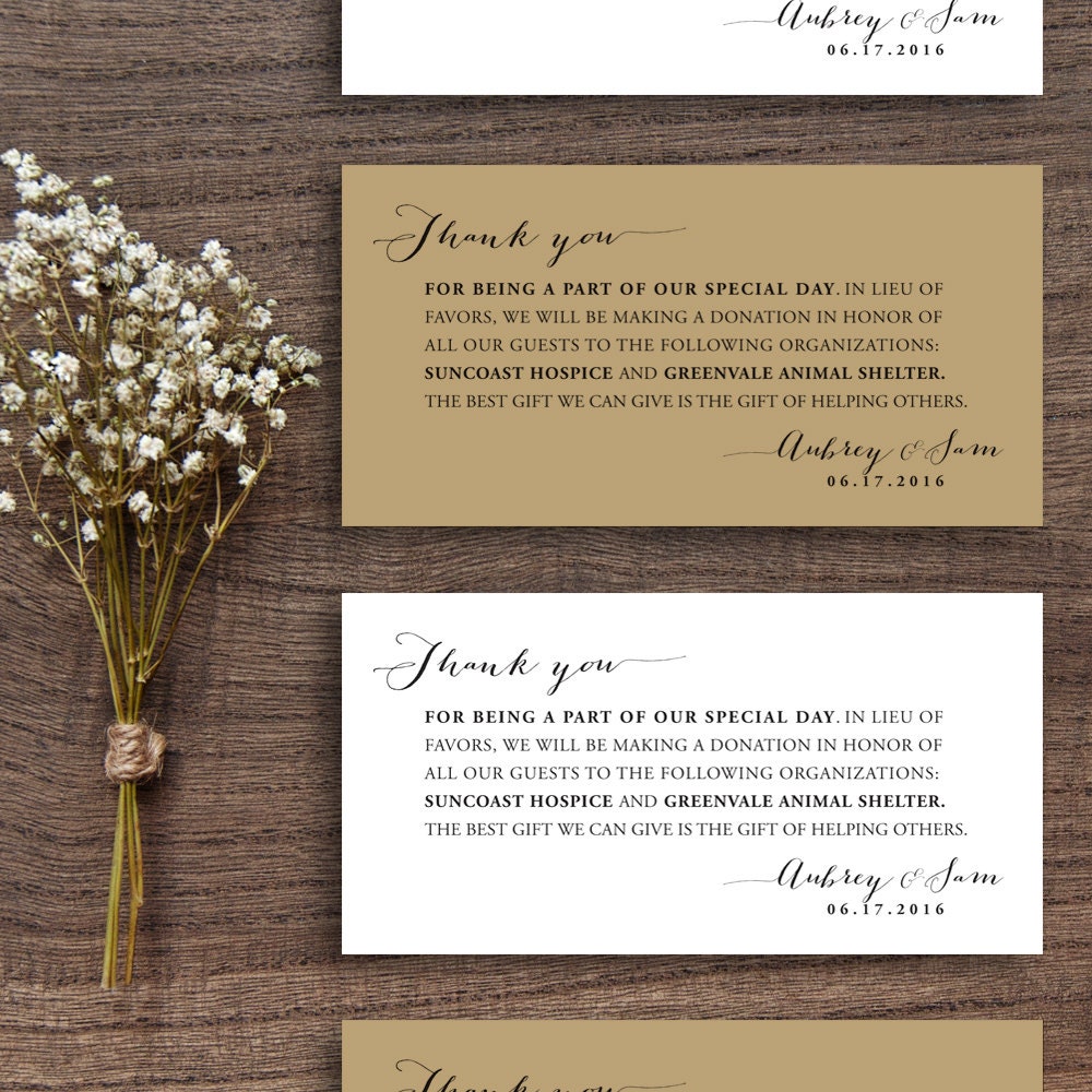 Printable Wedding Donation Favor Cards Wedding Thank You