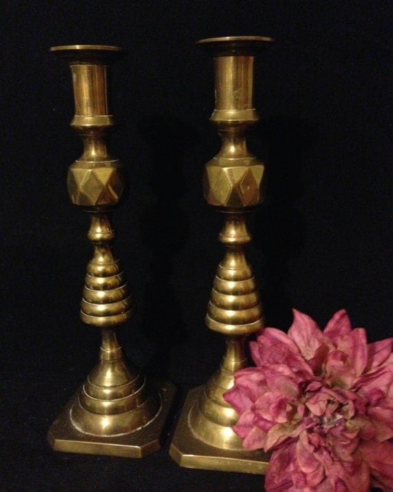 Vintage Tall Brass Candlestick Holder Pair 10.5 Brass