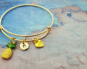 Pineapple Bangle, Gold Charm Bracelet, Pineapple Jewellery, Personalised Bangle, Gold Bangle, Holiday Gift, Summer, Tropical Fruit Gift