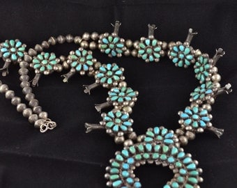 Sterling Silver Old Pawn Navajo Turquoise Squash Blossom Necklace, Petit Point, Native American Jewelry, Old Navajo Necklace