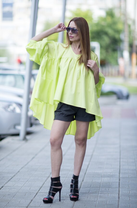 lemon Green Cotton Summer Top Plus Size Maxi Top Asymmetric