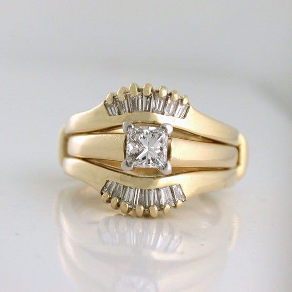 Wedding Set 1.10tcw Princess Cut with Baguette Sunrise Jacket, 14k yellow gold - Inquire about one of the rings!