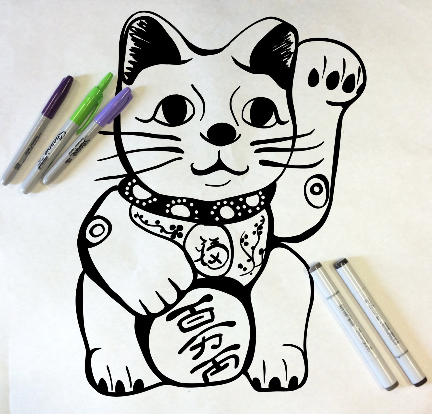 Lucky Cat Doodle Decal coloring page fabric wall by HappyDayDecals