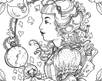 Adult Colouring Page. Mad Hatter Alice in Wonderland.