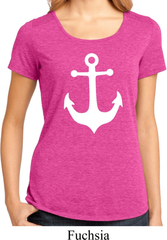 Ladies Sailing Shirt White Anchor Cruise Lace Back Tee T-Shirt