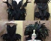Witch Crow Feathers Overbust Corset ~ Gothic Hip Fins Haute Goth Dress ~ Vampire Wedding Ball Masquerade Costume ~ Halloween Outfit Corsetry