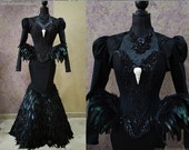 Black Swan Haute Goth Corset Dress ~ Gothic Feathers Raven Skull Witch Costume ~ Vampire Wedding Ball Masquerade ~ Halloween Outfit Corsetry