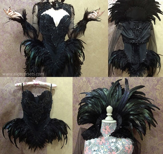 Witch Crow Feathers Overbust Corset Gothic Hip Fins Haute