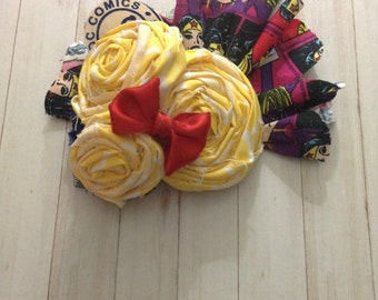 Fabric Flower Wonder Woman headband red, yellow and blue
