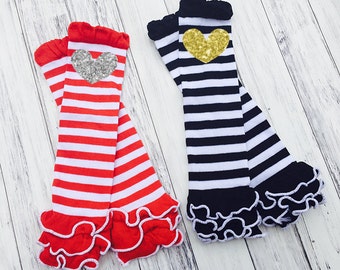 Stripe Ruffle Leg Warmers - Glitter Heart - Baby Leg Warmers - Toddler - Baby - Stripe Black White - Stripe Red Ruffle - Leg Warmers