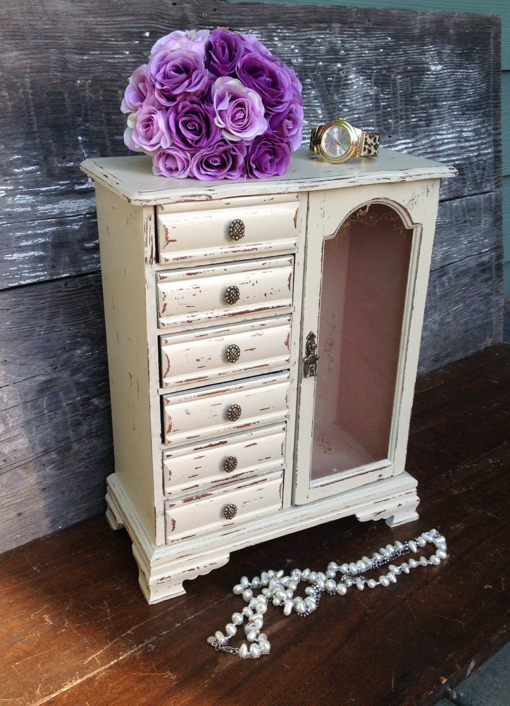 Large Off White Jewelry Box Armoire Shabby Tall Vintage Chic