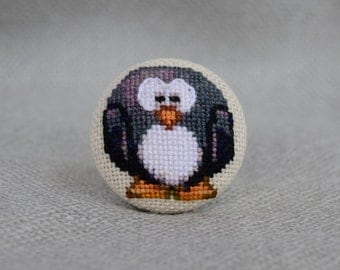 Penguin ring Cross stitch ring Embroidered jewelry Black penguin Ring handmade Black white jewelry Gift for her Penguin jewelry