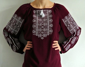 Boho embroidered blouse Marsala peasant blouse Bohemian clothing Vyshyvanka Ukrainian blouse Festival blouse Loose fitting blouse