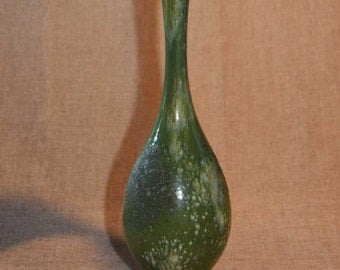 MID CENTURY MODERN Tall Green Mottled Drip Glaze Ceramic Vintage Table Lamp, Heavily Textured, Metal Neck and Base, and Period Beaded Shade.