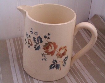 Large Milk Pitcher, Jug Vintage Digoin, French Roses Motif, Cottage Chic Vase