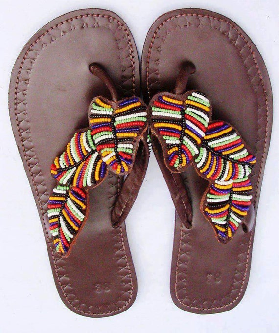 Items similar to Hand-made Kenyan leather slippers with hand beaded ...