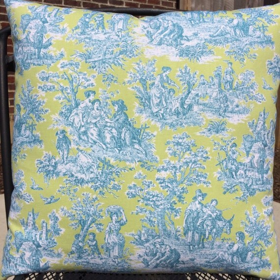Turquoise Blue Lime Green Toile Throw Pillow by MarolizanaDesigns