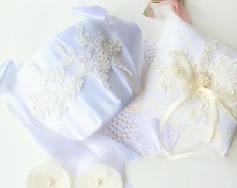 Ring Bearer Pillow Set, Flower Girl Basket Set, Wedding Ring Pillow, Ring Bearer Pillow, Ring Bearer, Lace Ring Pillow, Ring Cushion,