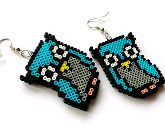 Owl Earrings / Animal Jewelry / Cute Pixel Geek Gift / Mini Perler Beads / Customizable Colors,