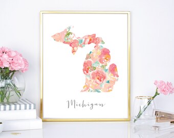 Michigan Watercolor Flower State - 8x10 print - 16x20 Print - DIY Print - Digital Download Print - Chic Wall Decor - Watercolor Floral State