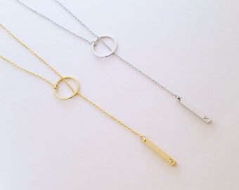 Custom Dainty Short Lariat Necklace, Gold Silver Rose Gold Drop Ring Charm Necklace, Layered Necklce, Y Necklce, Birthday Gift