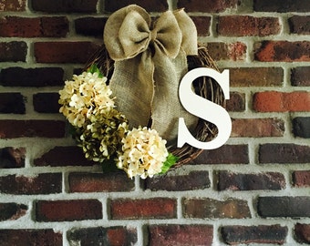 Monogram Wreath - Hydrangea Wreath - Initial Wreath - Door Wreath - Spring Wreath - Rustic Wreath - Everyday Wreath - Monogrammed Wreath