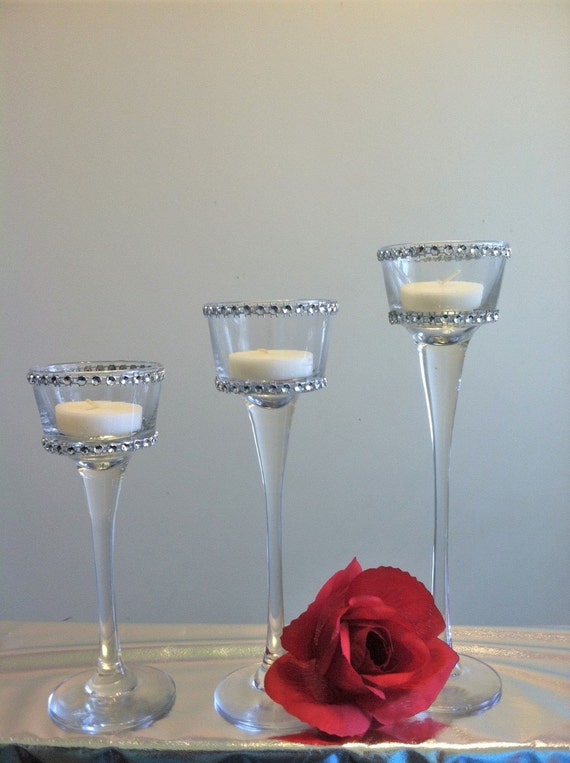 Long Stem Glass Tea Light Candle Holder Set by ChicFloralDesigns