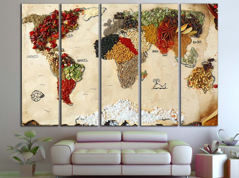 LARGE World Map Canvas Set of 5 or 3 or 1 Panels Wall Décor