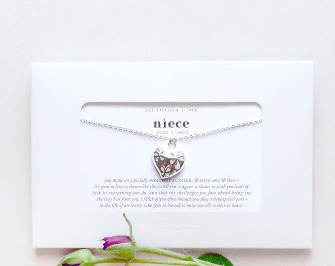 Niece | Sterling Silver Large Heart Filigree Necklace Poem Quote Message Card | Birthday Confirmation Christmas Aunt Gift for Little Girl