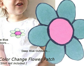 Girl Applique, Blue Flower Patch, Color Change Iron On, Child Clothing Accessory, Hand Painted, Flower, DIY Craft, Magic Iron On