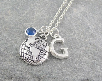 Globe necklace, personalized jewelry, initial necklace, swarovski birthstone, silver chain, travel gift, world map, atlas necklace